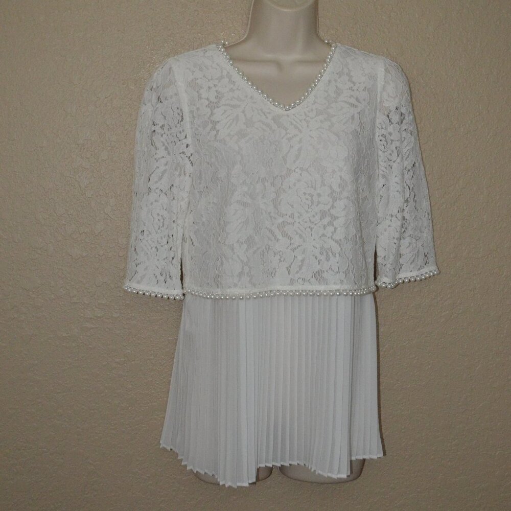 NWOT Sz 36 2 Edward Achour Paris White Lace Pleat Pearl Detail Blouse